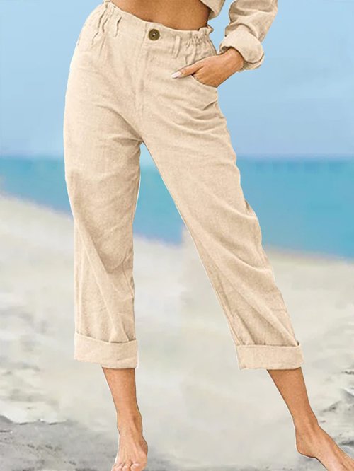 Solid Color Fashion Loose High Waist Casual Cotton Linen Trousers