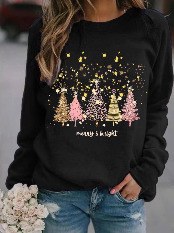 Merry And Bright Christmas Print Casual Sweatshirt