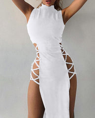 Mock Neck Plain Sleeveless High Slit Maxi Dress