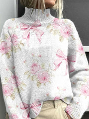 Merry Christmas Rosette Flowers Print Knit Turtleneck Pullover Sweater