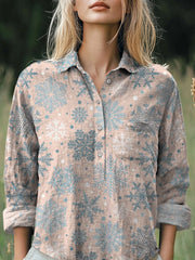 Lovely Christmas Snowflake Pattern Printed Casual Cotton And Linen Shirt
