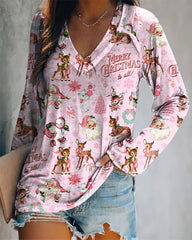 Retro Pink Christmas Print V-neck Top