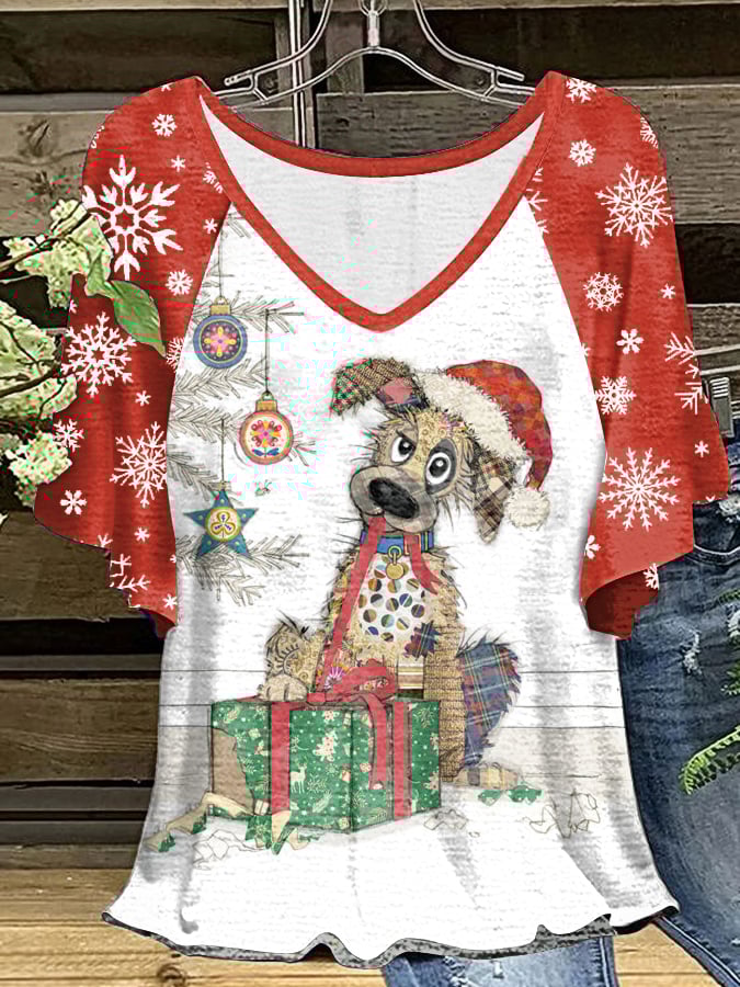 Christmas Cute Dog Snowflake Print V-Neck Ruffle Sleeve T-Shirt