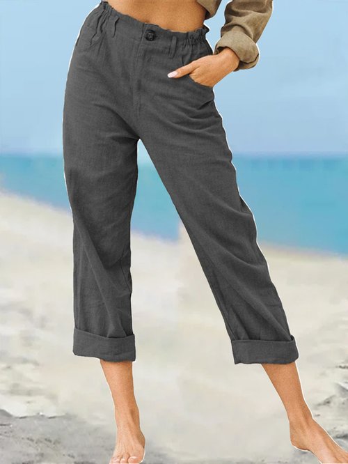 Solid Color Fashion Loose High Waist Casual Cotton Linen Trousers