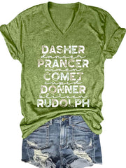 Funny Christmas Dasher Dancer Prancer Vixen Comet Cupid Donner Blitzen Rudolphr Printed V-Neck T-Shirt