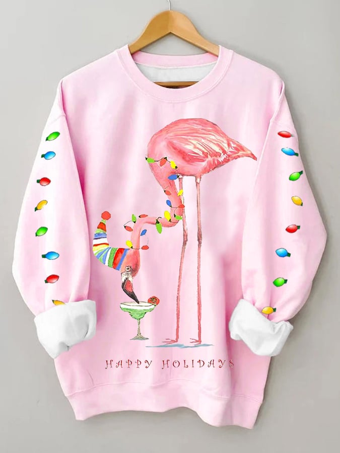 Merry Christmas Flamingo Fun Print Casual Sweatshirt