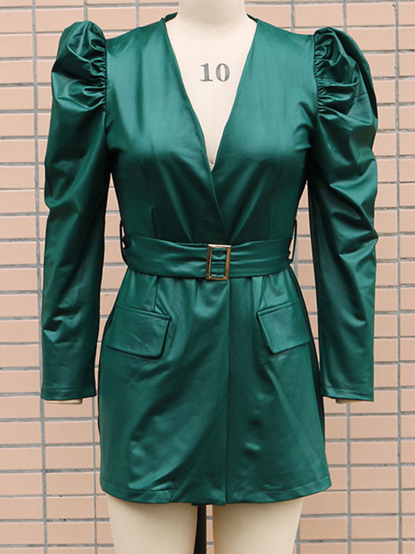 Burgundy Long Sleeves Sash PU Leather Short Mini Dress