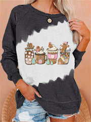 Gingerbread Christmas Coffee Printed Round Neck Long Sleeve Sweatshirt