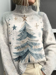 Christmas Tree Art Print Knit Turtleneck Pullover Sweater
