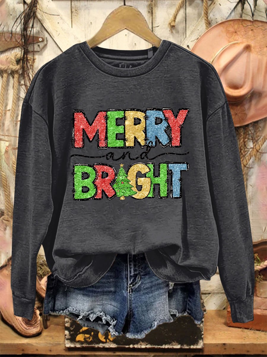 Merry and Bright Glitter Christmas  Print Casual  Sweatshirt