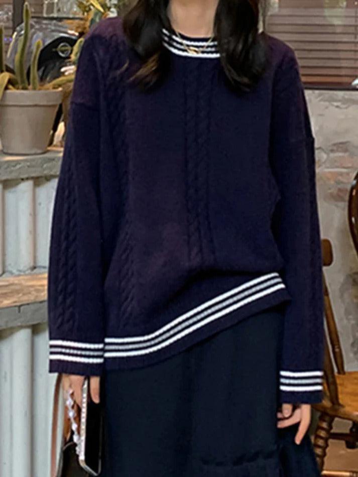 Striped Trim Cable Knit Pullover Sweater
