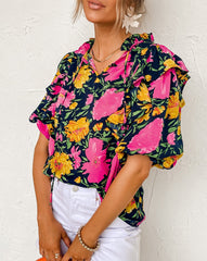 Floral Bubble Sleeve Ruffled Blouse