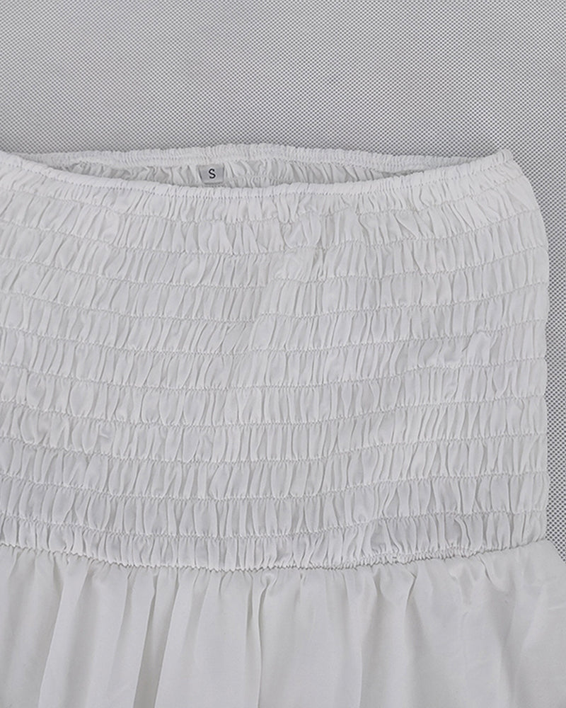 Shirred Panel Fringe Hem Strapless Dress