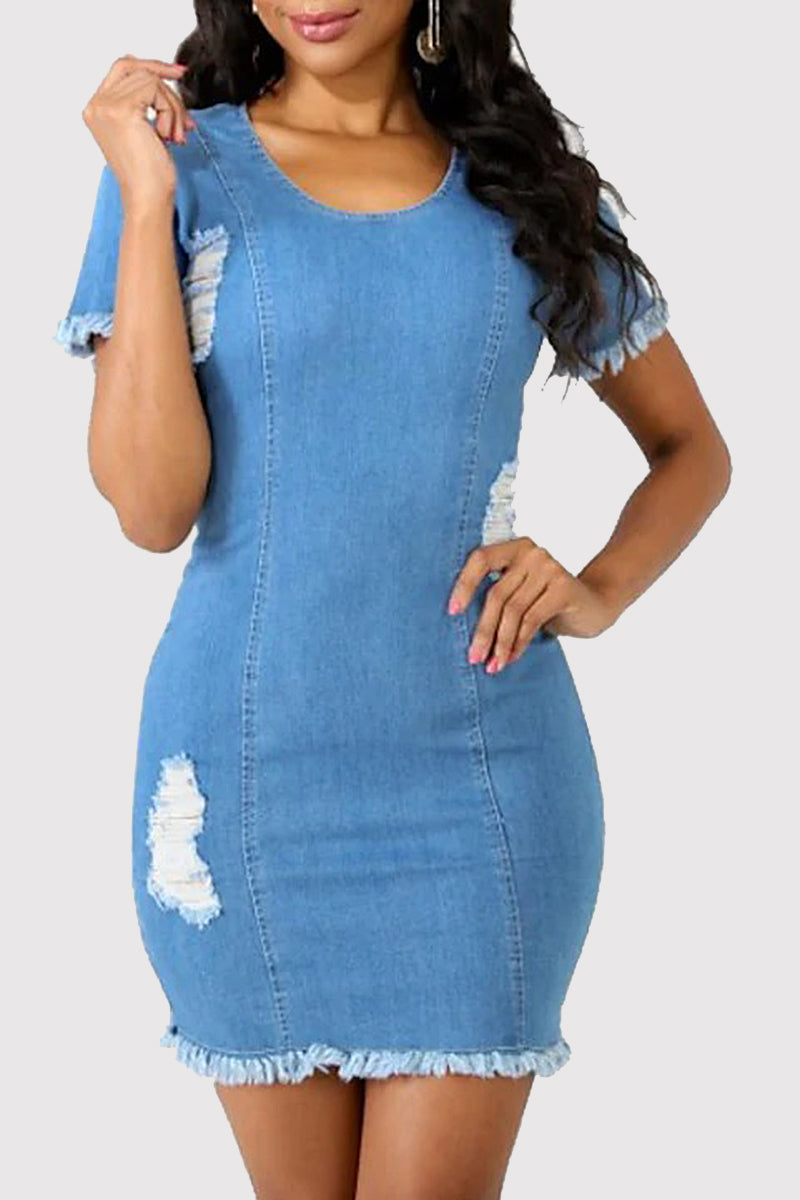 Distressed Detail Frayed Hem Denim Dress