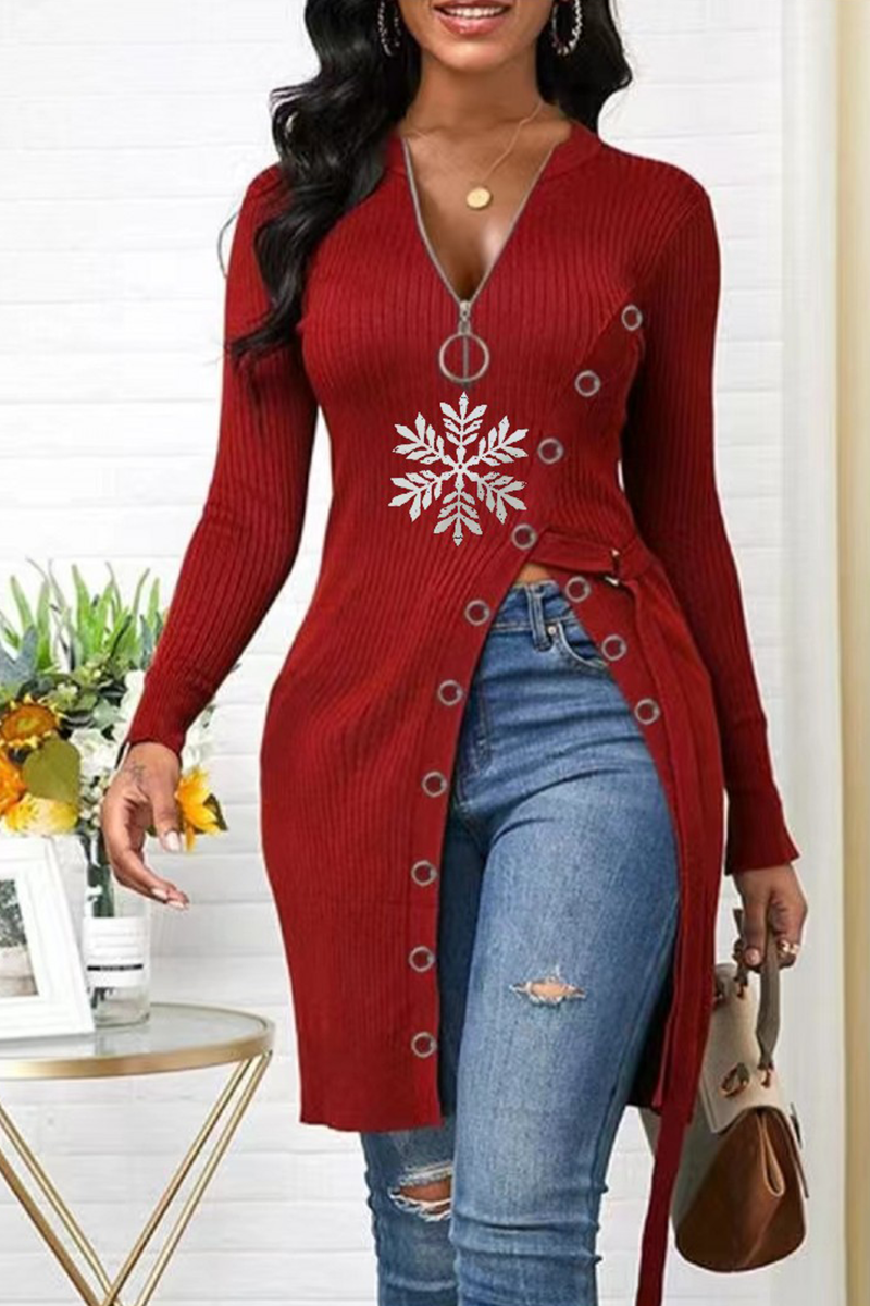 Red Street Snowflakes Zipper V Neck T-Shirts
