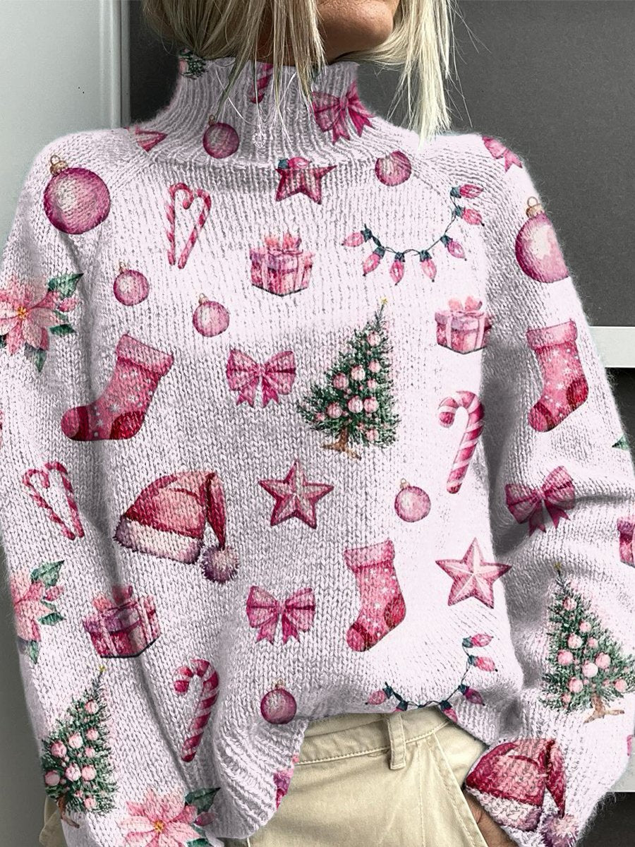 Pink Christmas Elements Print Knit Turtleneck Pullover Sweater