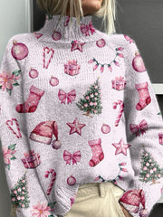 Pink Christmas Elements Print Knit Turtleneck Pullover Sweater