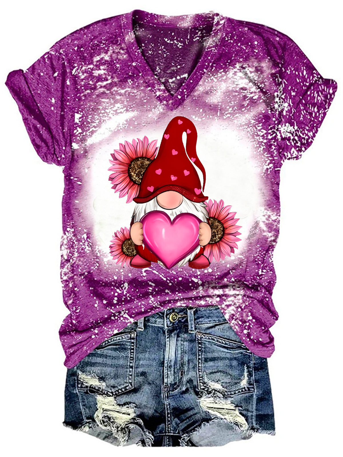 Happy Valentine's Day Gnome with Sunflower Bleaching V Neck T-shirt