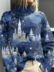 Blue Christmas Christmas Tree Pattern Art Print Knit Turtleneck Pullover Sweater