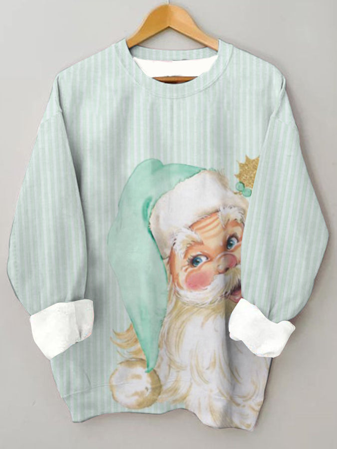 Hydrangea Blue Gray Striped Santa Crew Neck Sweatshirt