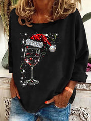 Shiny Christmas Red Wine Glass Print Casual Long-Sleeve Top