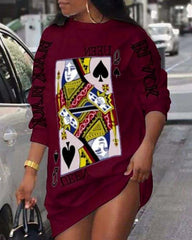Poker Letter Print Long Sleeve Casual Dress