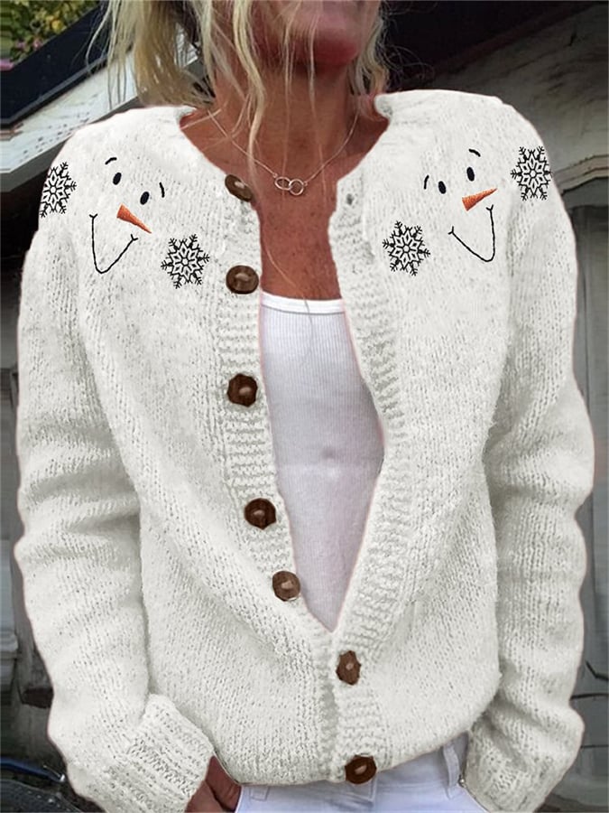 Christmas Snowman Face And Snowflake Embroidery Print Long Sleeve Casual Knitted Cardigan
