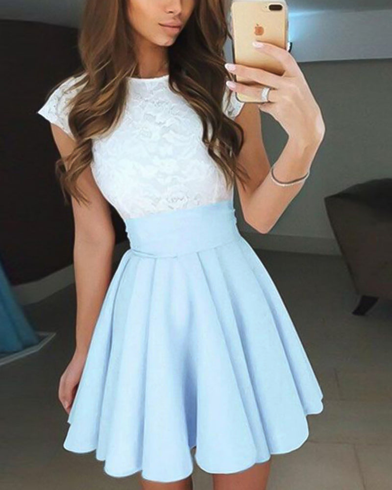 Colorblock Contrast Lace Ruffle Hem Mini Skater Dress