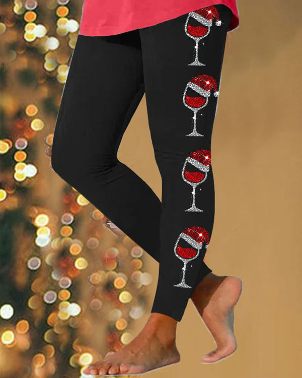 Christmas Wine Glass Print Leggings