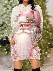 Pink Christmas Santa Claus Print Casual Hooded Sweatshirt Dress