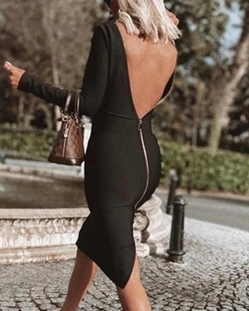 Solid Zip Back Split Hem Boat Neck Midi Dress