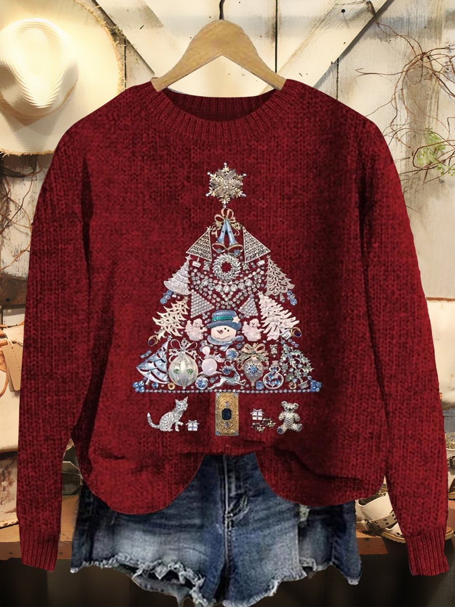 Christmas Tree Art Print Crew Neck Casual Knit Pullover