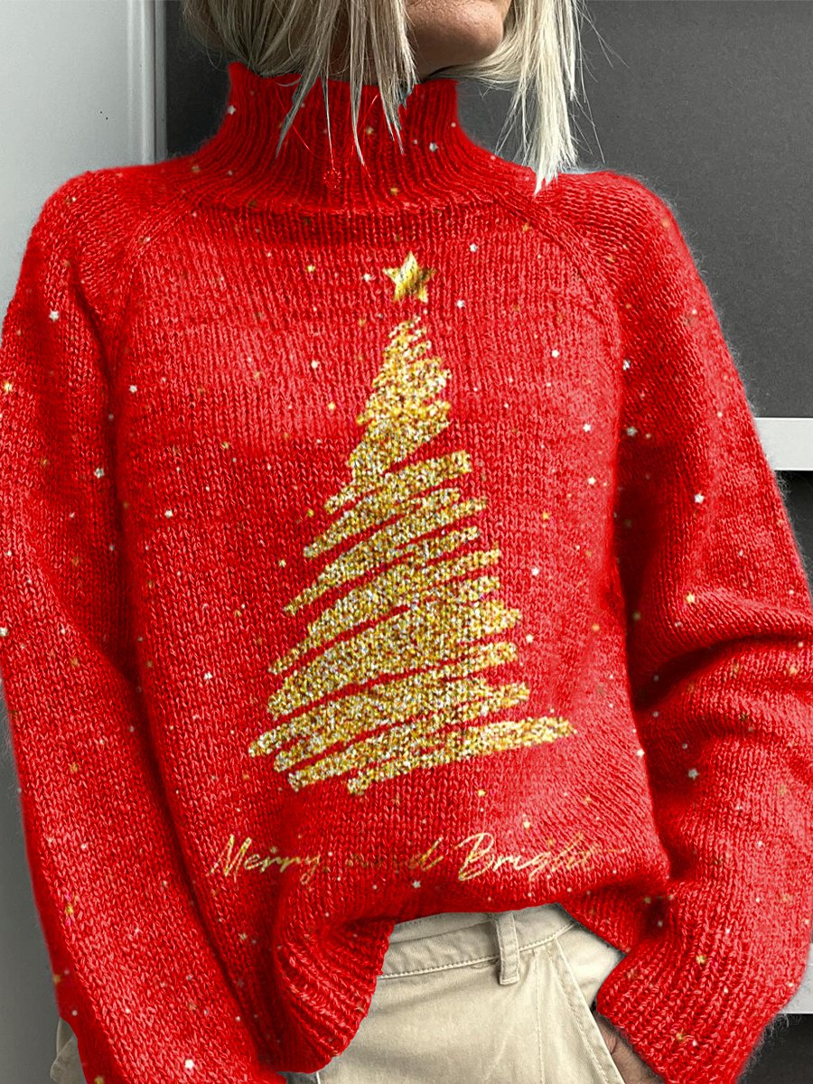 Merry Christmas Art Print Knit Turtleneck Pullover Sweater