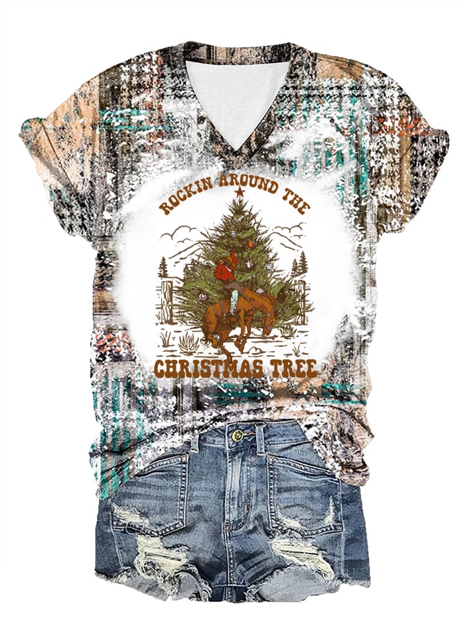 WESTERN AND CHRISTMAS COMBINED "ROCKIN AROUND THE CHRISTMAS TREE" PRINT V-NECK T-SHIRT