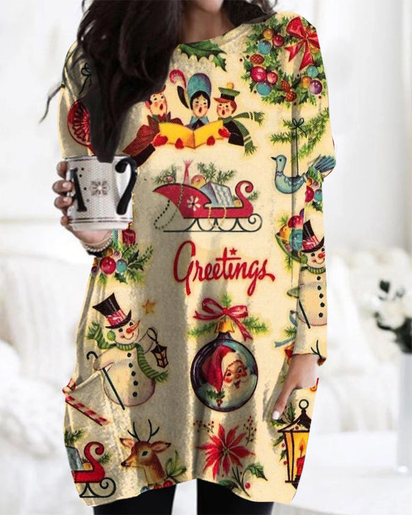 Retro Christmas Santa Crew Neck Midi Top