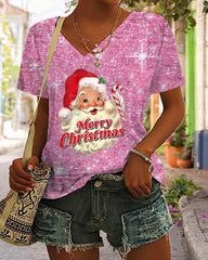 Pink Christmas Santa Print T-Shirt
