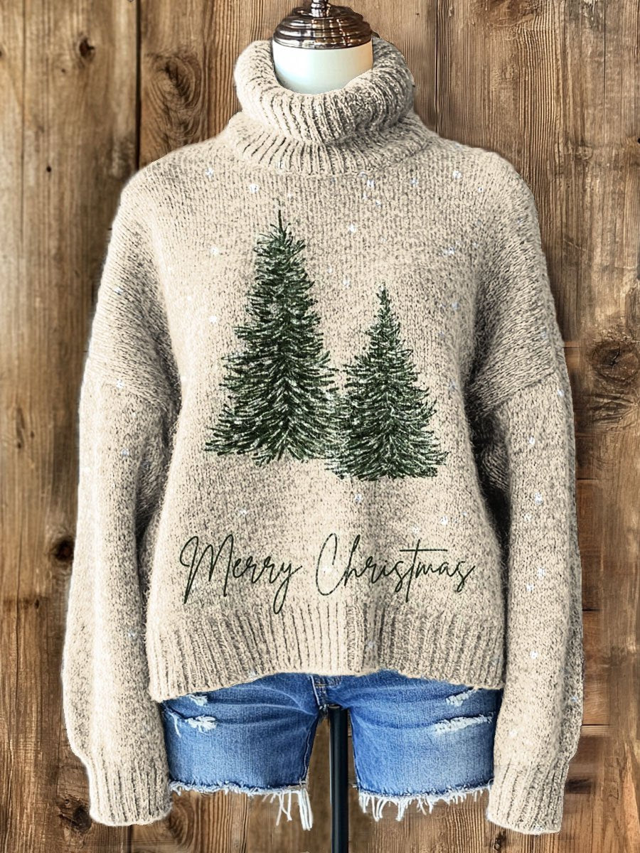 Merry Christmas Art Print Knit Turtleneck Pullover Sweater