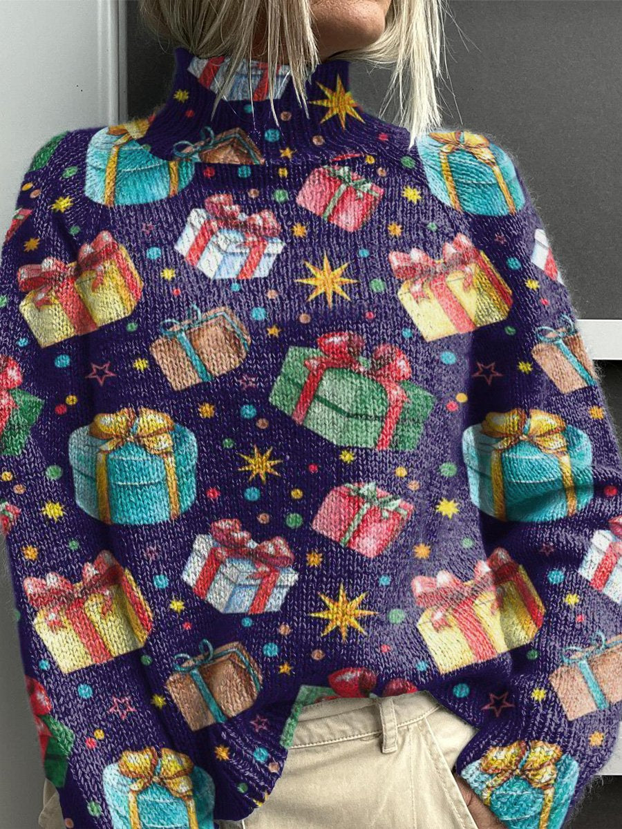 Christmas Gift Decoration Pattern Knit Turtleneck Pullover Sweater