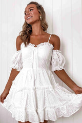 Ruffle Sleeved Openwork Flare Beach Mini Dress