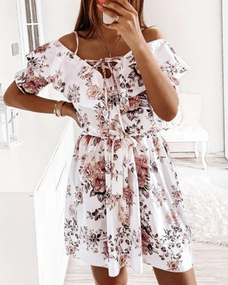 Floral Print Tie Front Ruffle Trim Belted Cold Shoulder Dress