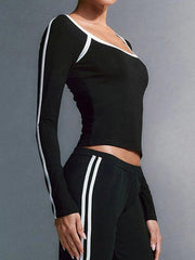 Square Neck Contrast Color Piping Design Long Sleeve Tee