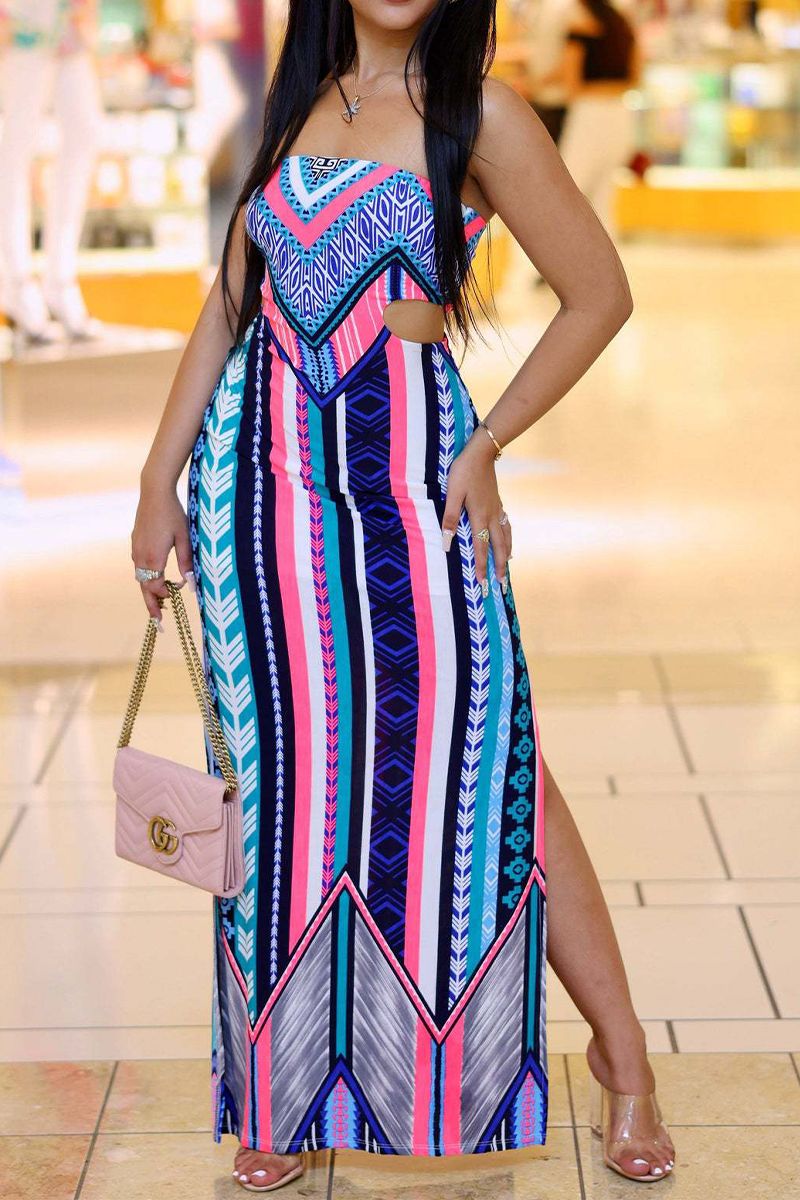 Geo Print Cut Out Split Side Maxi Dress