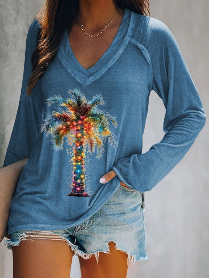 Casual V-Neck Printed Long Sleeve T-Shirt