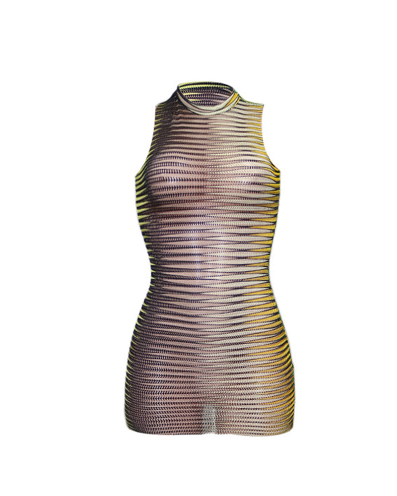 Colorblock Open Knit Sleeveless Bodycon Dress