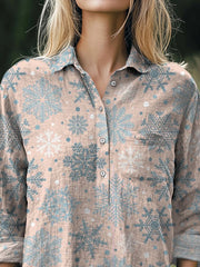 Lovely Christmas Snowflake Pattern Printed Casual Cotton And Linen Shirt