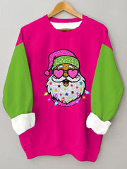 Pink Sparkly Santa Color Block Casual Sweatshirt