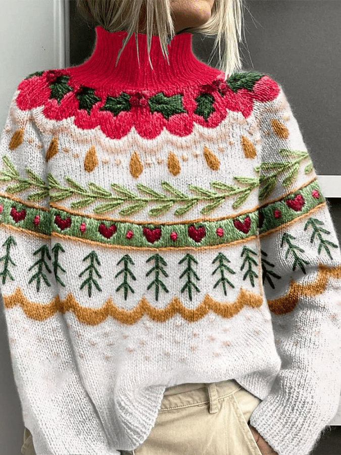 Christmas Snowman Print Knitted Turtleneck Pullover