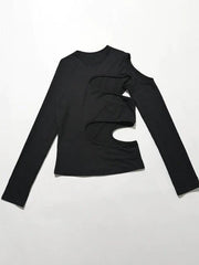 Solid Hollow Out Crew Neck Long Sleeve Tee