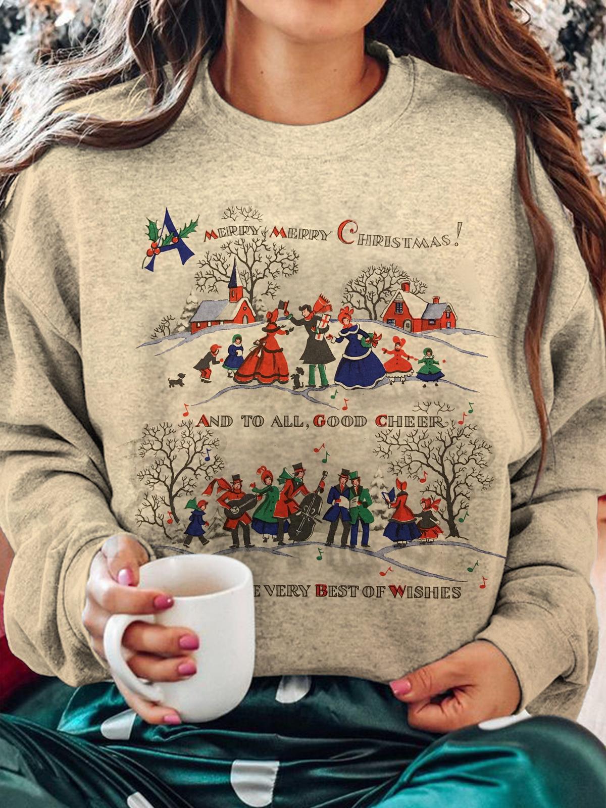 Christmas Print Round Neck Long Sleeve Top