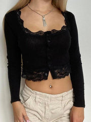 Solid Lace Trim Splice U Neck Long Sleeve Knit